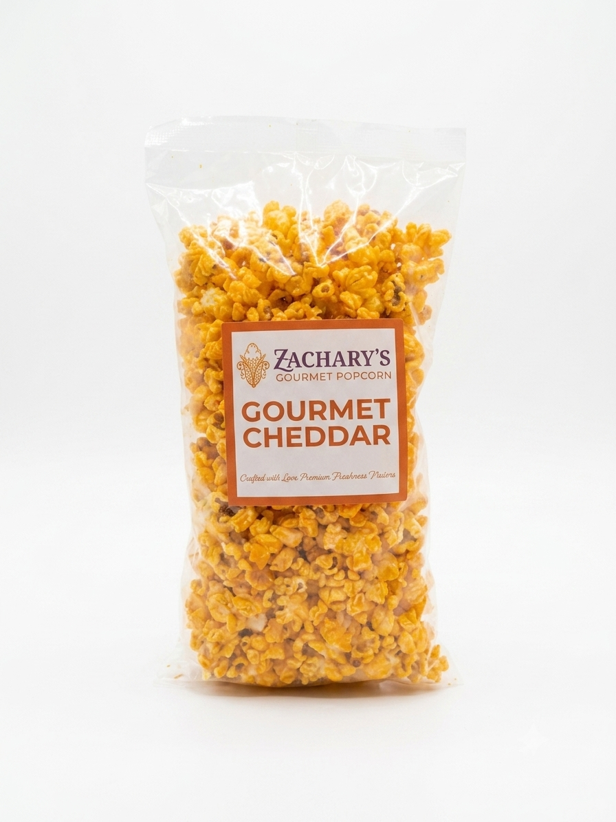 Zachary's Gourmet Cheddar Popcorn – Single medium bag filled with bold, golden cheddar-coated popcorn, handcrafted in Chicago