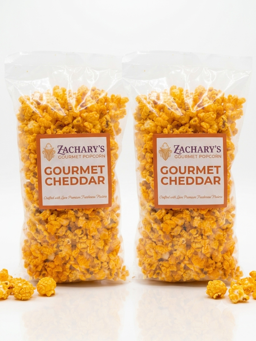 Zachary's Gourmet Cheddar Popcorn – Two medium bags of golden cheddar popcorn side by side, with loose kernels scattered in front