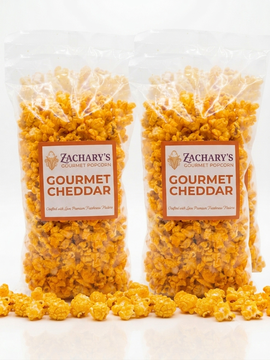 Zachary's Gourmet Cheddar Popcorn – Two medium bags of cheddar popcorn displayed together with loose kernels, representing the multi-pack value