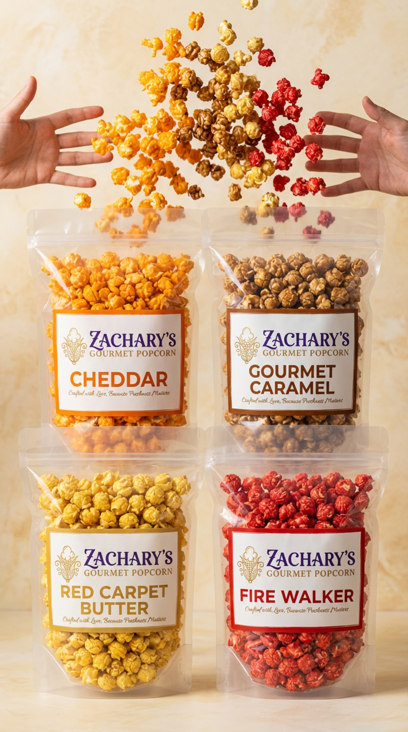 Four packages of Zachary's Gourmet Popcorn with different flavors on a beige background.