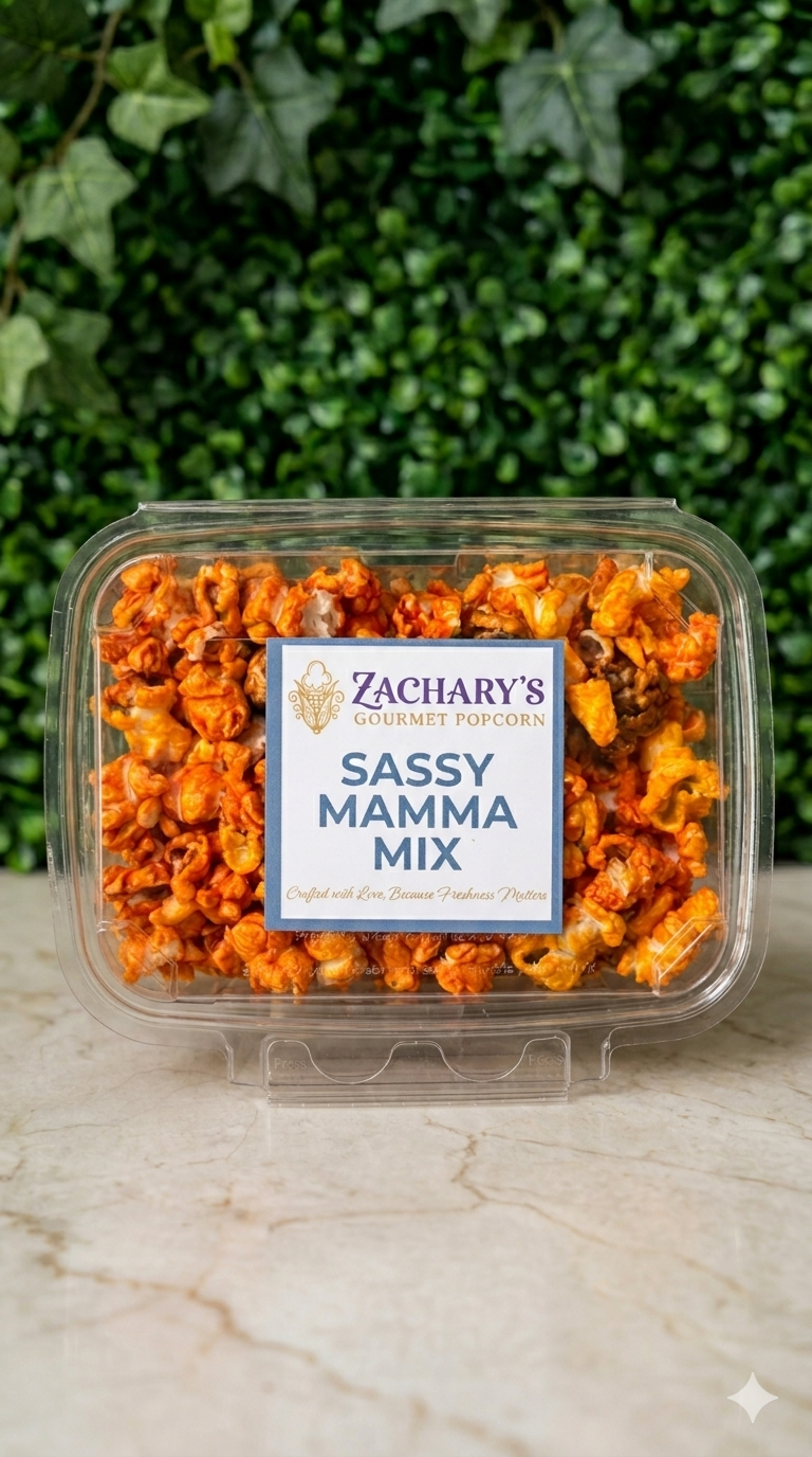 Zachary's Gourmet Popcorn Sassy Mamma Mix bag label – caramel cheddar spicy